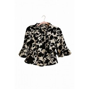I.C.E. Women's Cropped Jacket – Black & Ivory Floral Size 2  Cotton/Linen Blend
